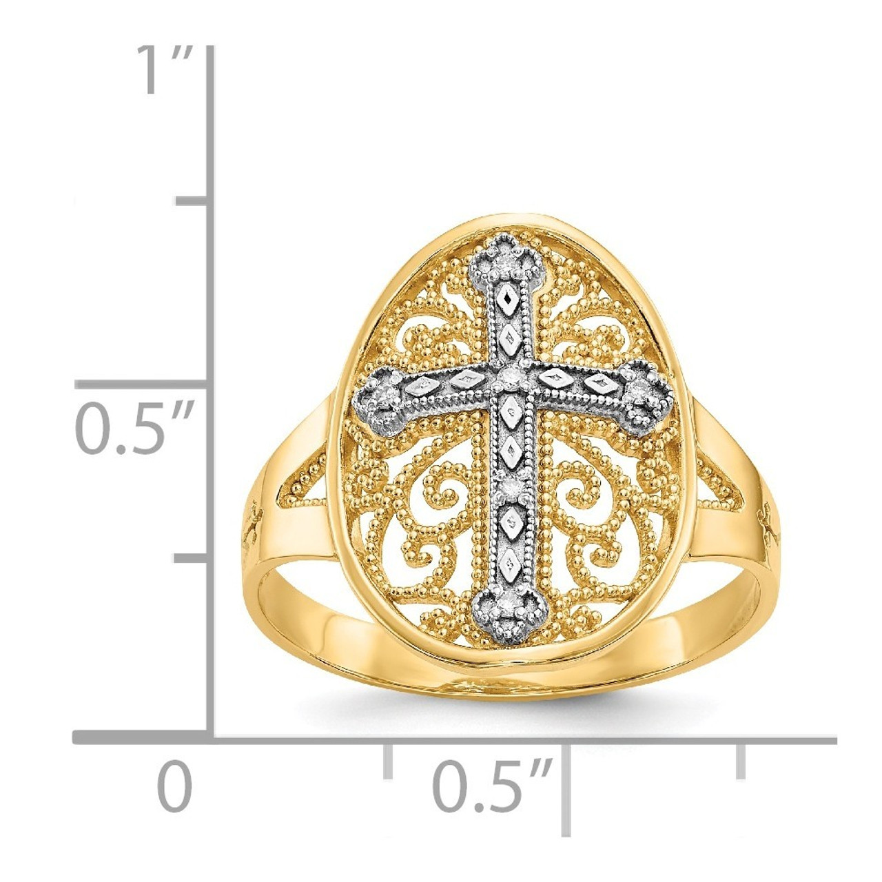 14K Yellow Gold Yellow & White Gold Diamond Filigree Cross Ring - Size 7.5 - (B31-896)