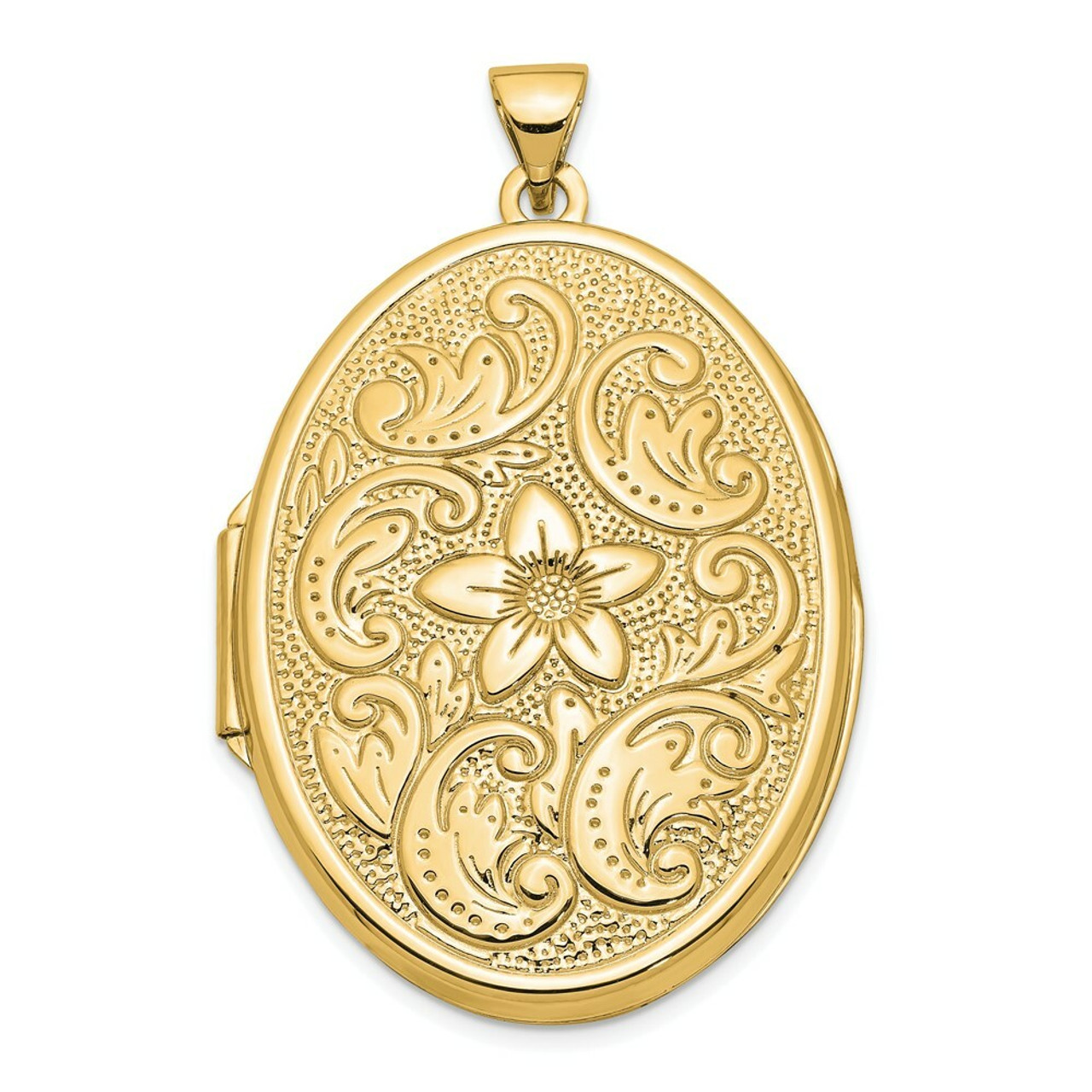14K Yellow Gold 32mm Oval Flower With Scrolls Locket 32x25mm - (A99-374)