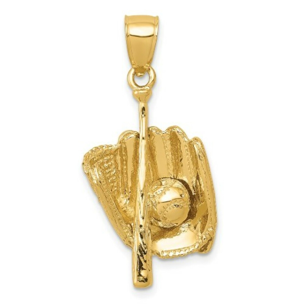 14K Yellow Gold Polished 3-Dimensional Glove/Bat/Ball Baseball Pendant - (A86-871)
