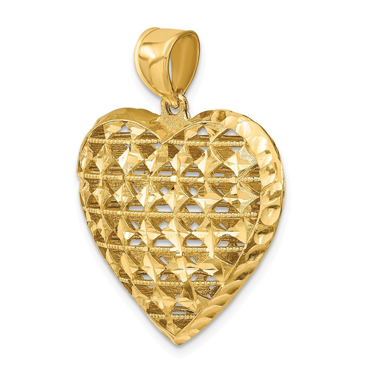 14K Yellow Gold Diamond-cut 3-D Puffed Heart With Marquise Pattern Charm Pendant - (A92-361)