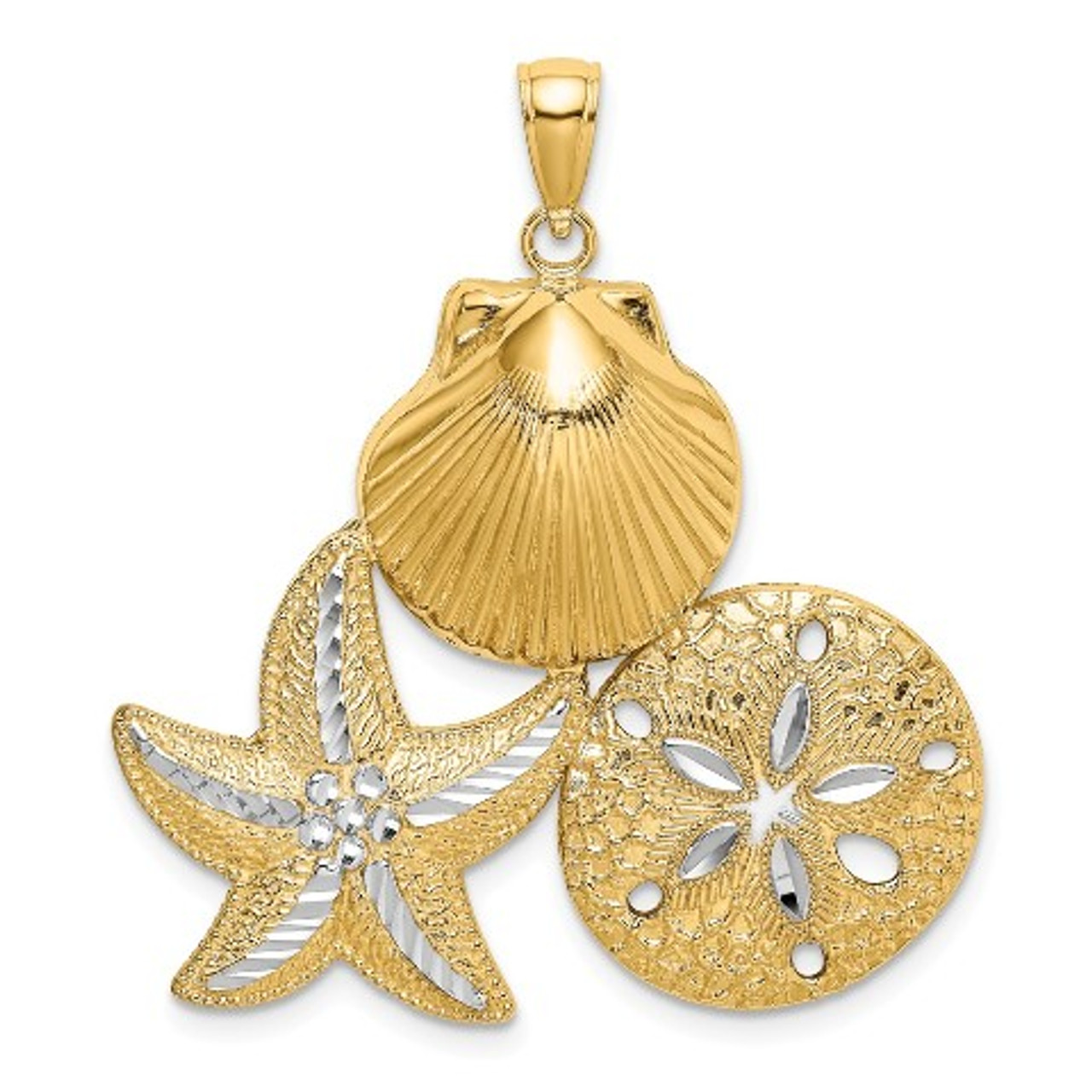 14k Yellow Gold and White Rhodium Diamond-cut Scallop, Starfish, with Sand  Dollar Cluster Charm Pendant - (A94-150)