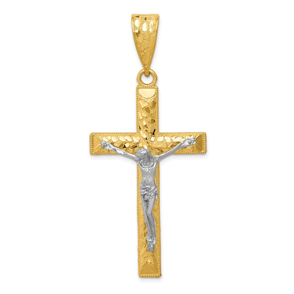 14k Two-tone Gold Diamond-cut 2 inch Crucifix Pendant - (A86-102