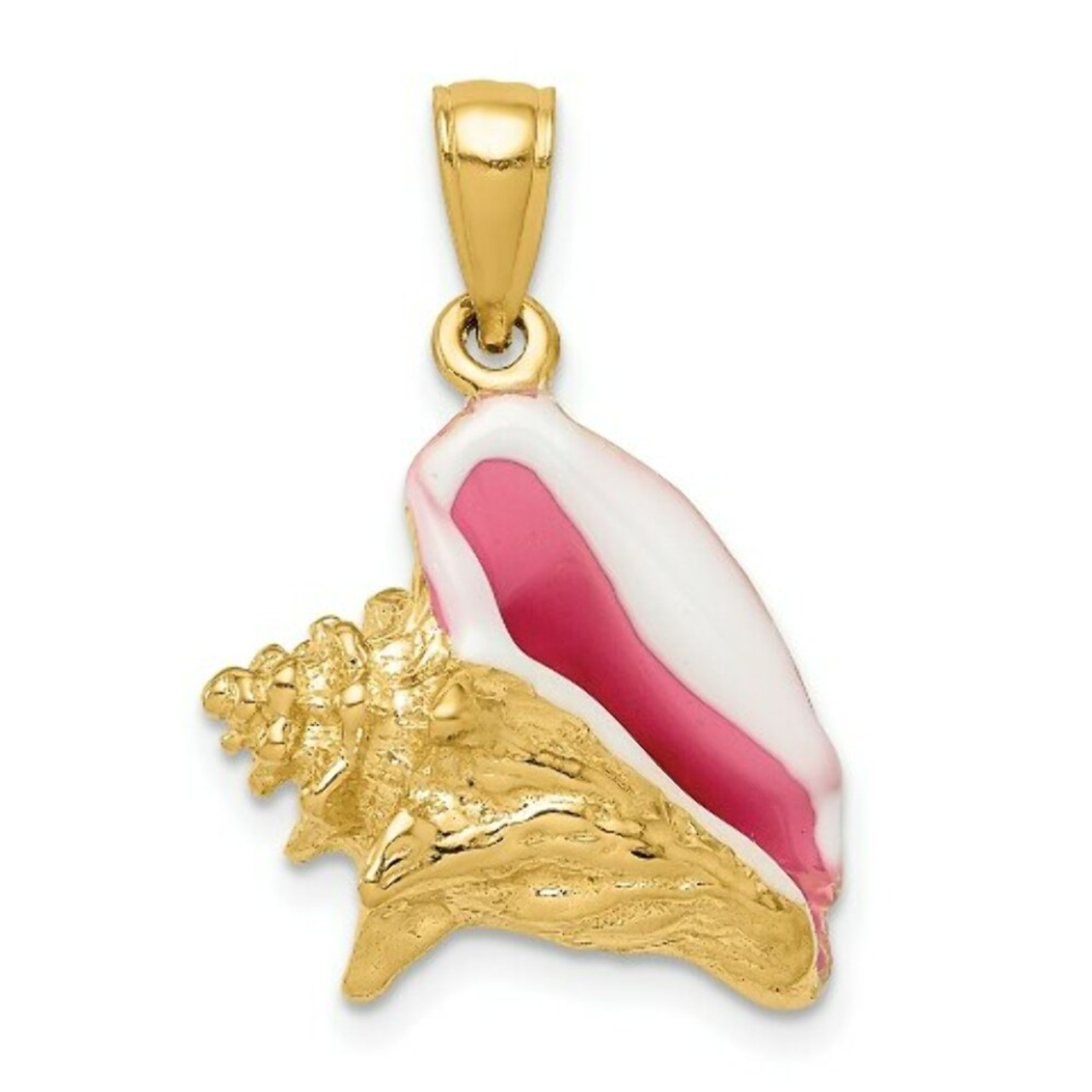 14K Yellow Gold Polished 3-Dimensional Pink & White Enameled Conch Shell Pendant - (A84-773)