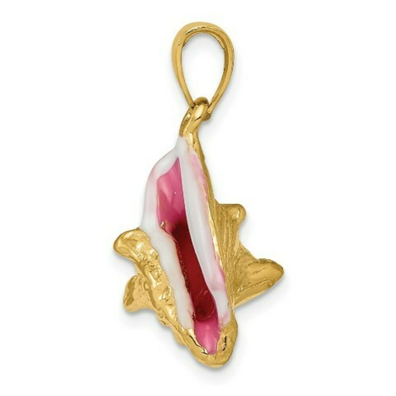 14K Yellow Gold Polished 3-Dimensional Pink & White Enameled Conch Shell Pendant - (A84-773)