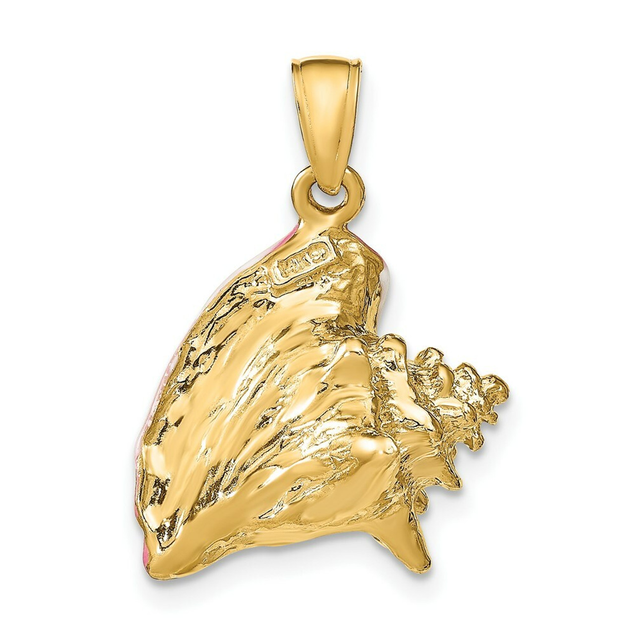 14K Yellow Gold Polished 3-Dimensional Pink & White Enameled Conch Shell Pendant - (A84-773)