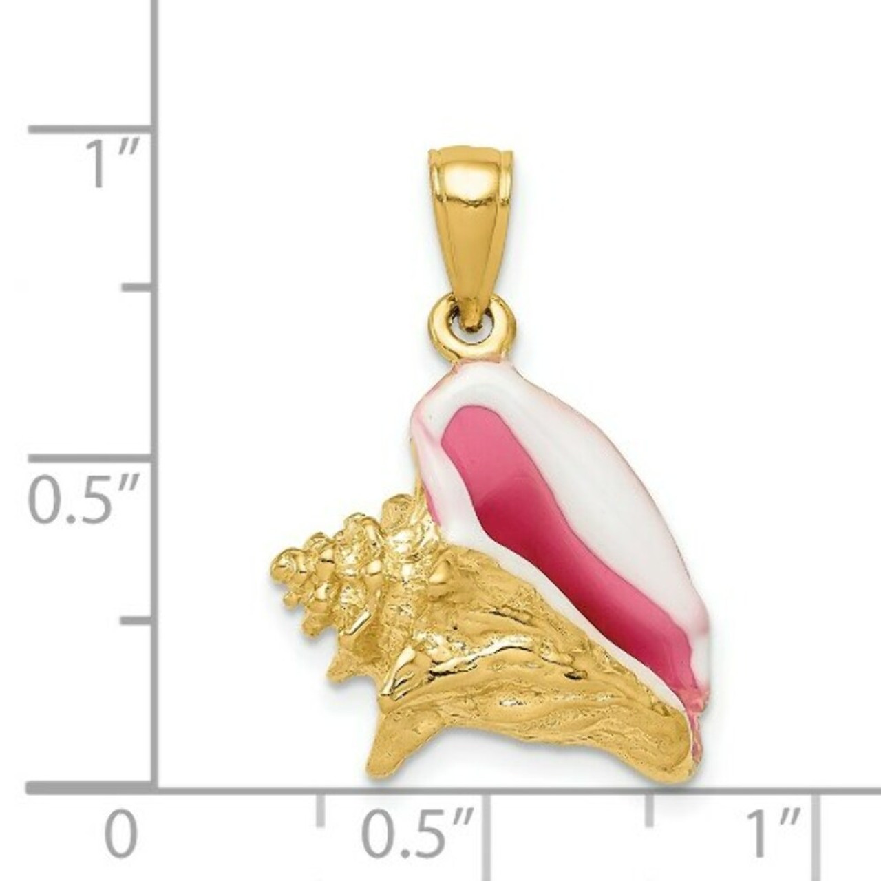 14K Yellow Gold Polished 3-Dimensional Pink & White Enameled Conch Shell Pendant - (A84-773)