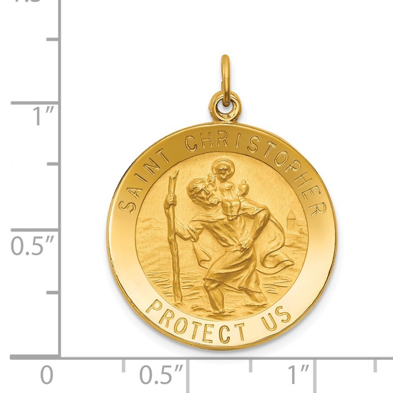 14K Yellow Gold Solid Satin Finish Medium Round Saint Christopher