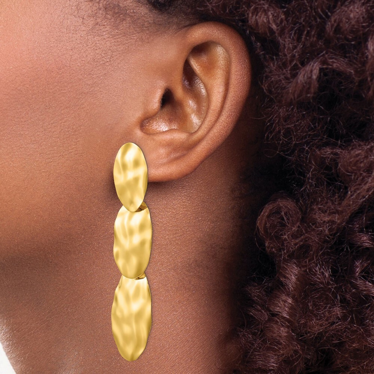 14K Yellow Gold Polished Hammered Dangle Earrings - (B36-683)