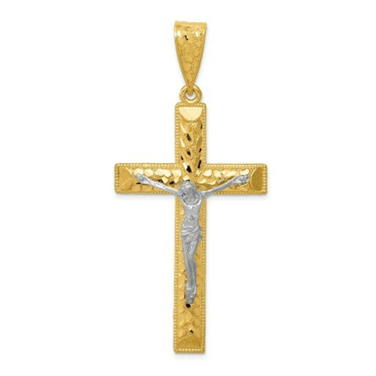 14k Two-tone Gold Diamond-cut 2 inch Crucifix Pendant - (A85-973)