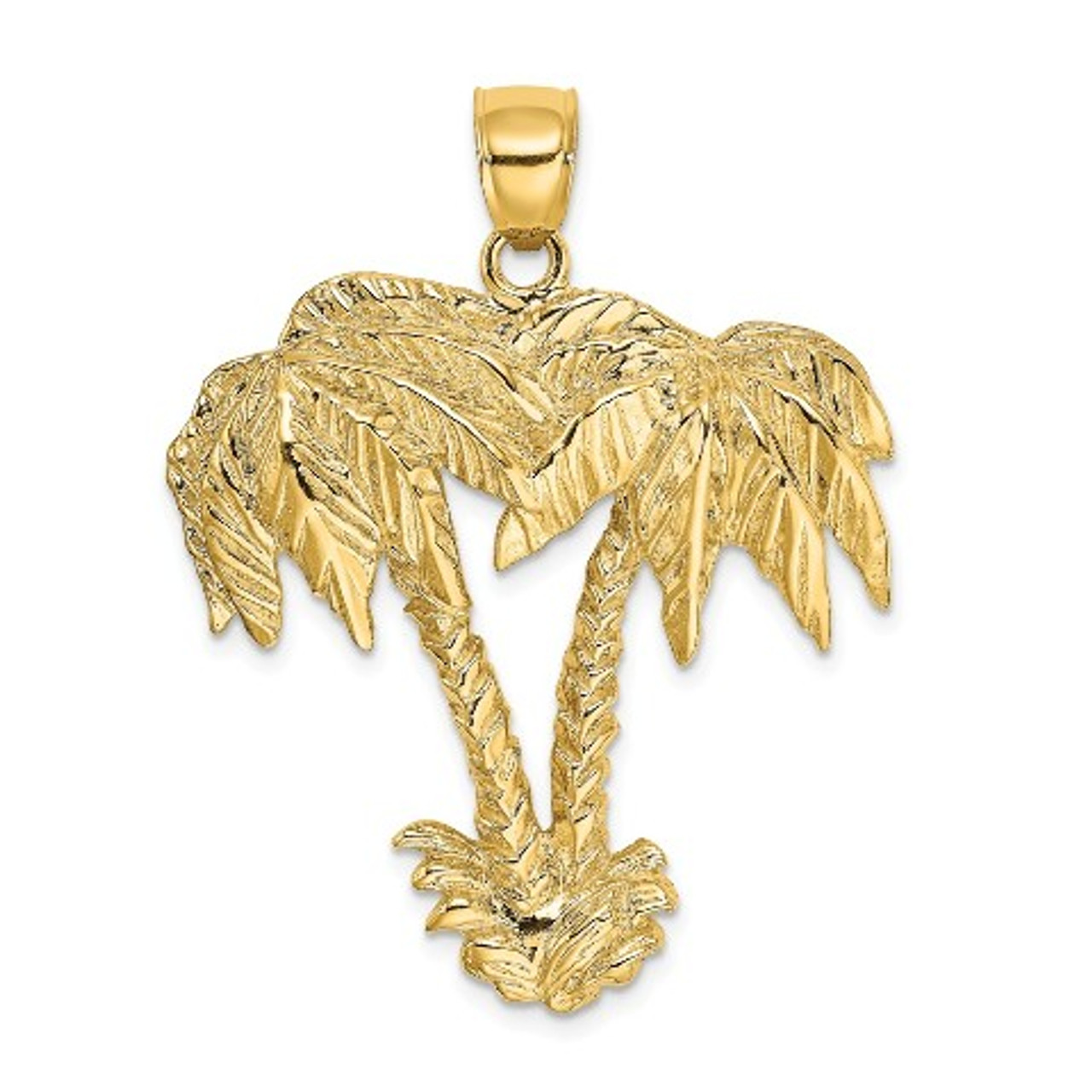 14K Yellow Gold 2-D Double Palm Trees Charm Pendant - (A92-552)