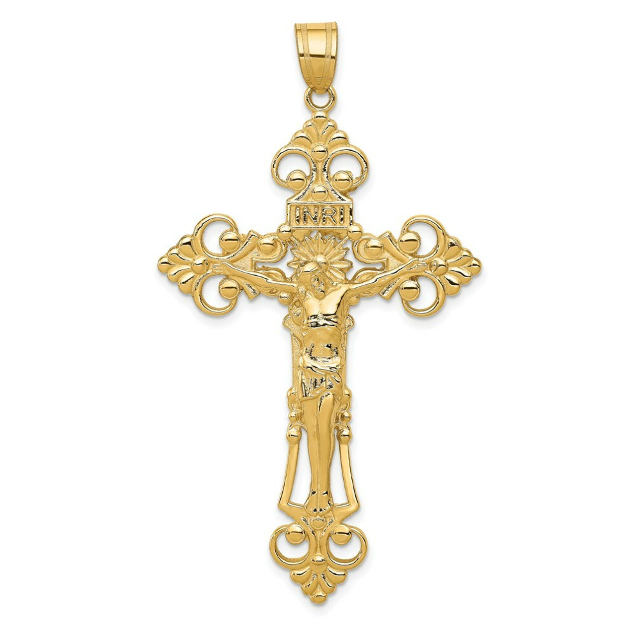 14K Yellow Gold INRI Fleur De Lis Crucifix Pendant - (A83-507)