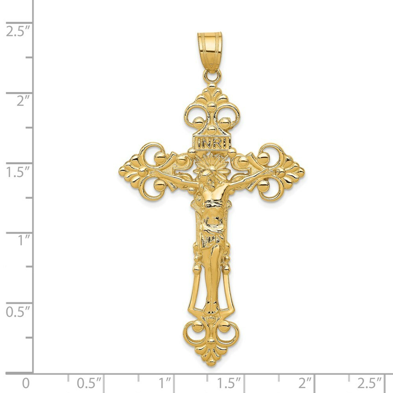 14K Yellow Gold INRI Fleur De Lis Crucifix Pendant - (A83-507)