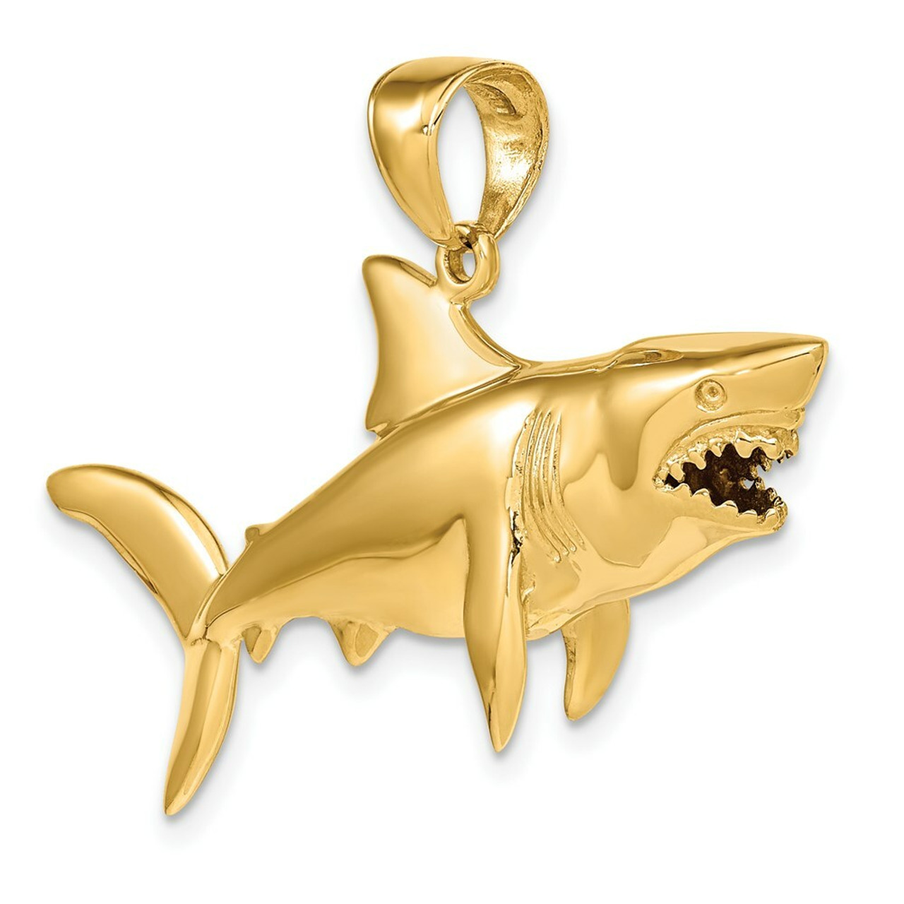 14K Yellow Gold Polished 3-Dimensional Shark Pendant - (A83-293)
