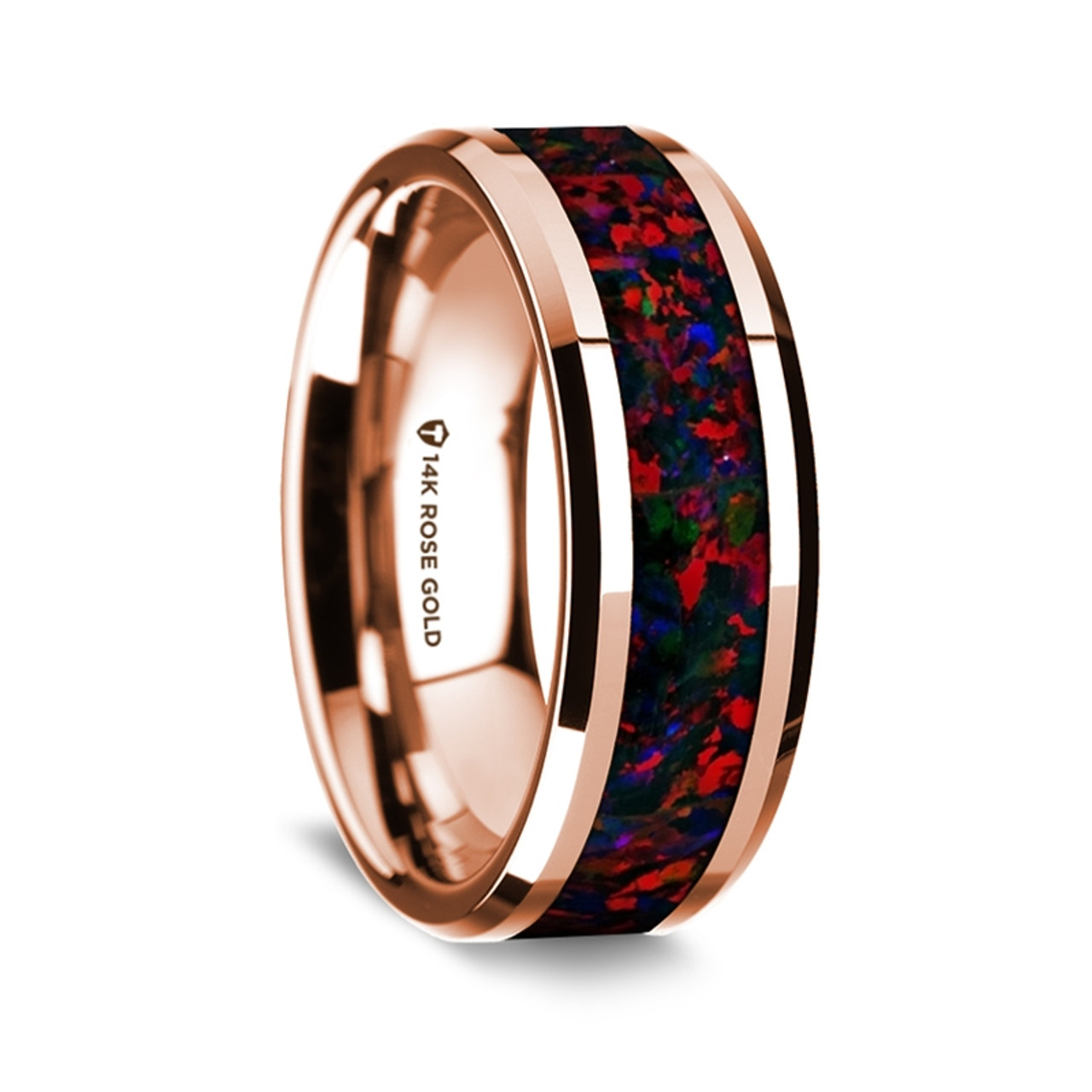 14K Rose Gold Polished Beveled Edges Wedding Ring with Black and Red Opal Inlay - 8 mm ~ (G65-108)