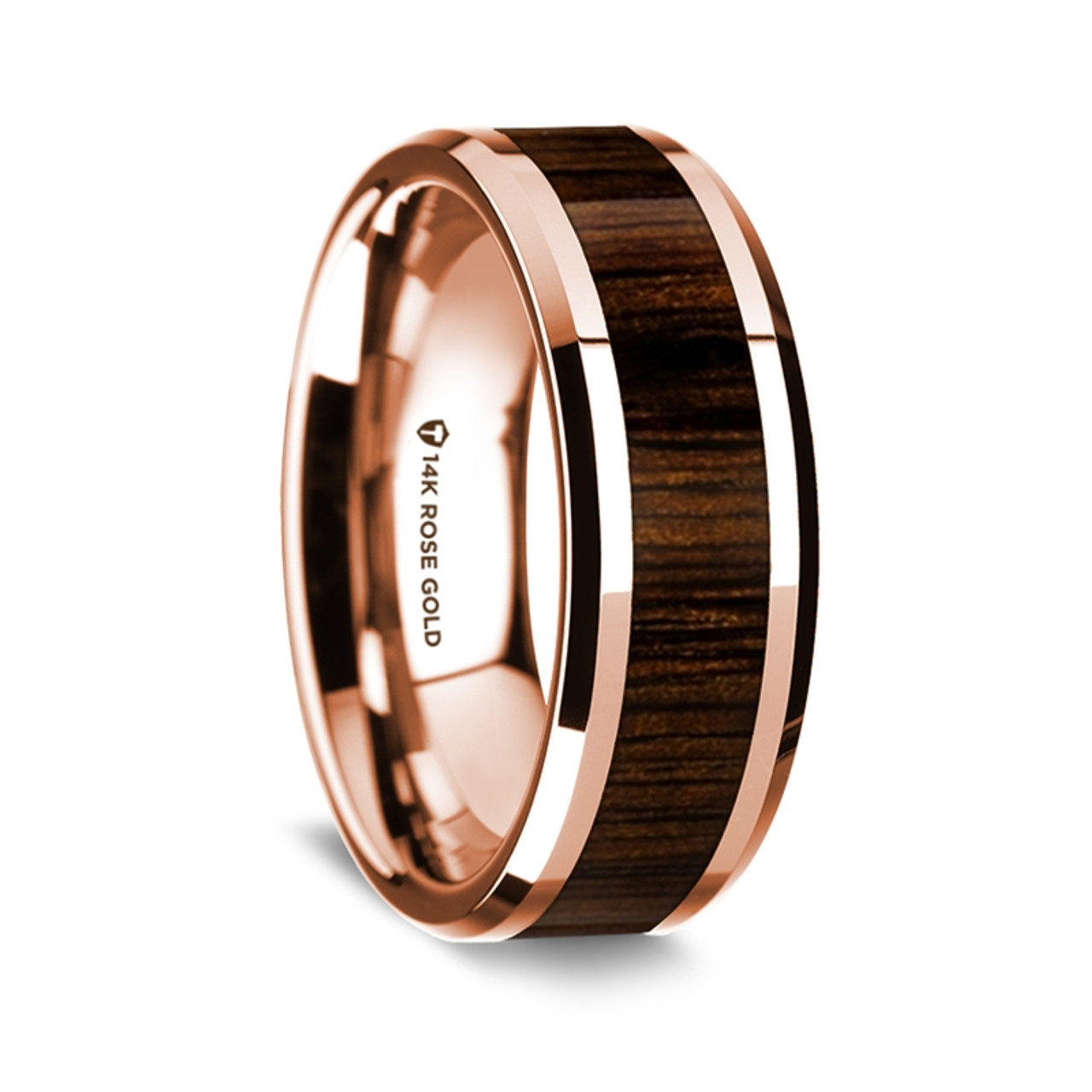 14K Rose Gold Polished Beveled Edges Wedding Ring with Black Walnut Inlay - 8 mm ~ (G65-110)