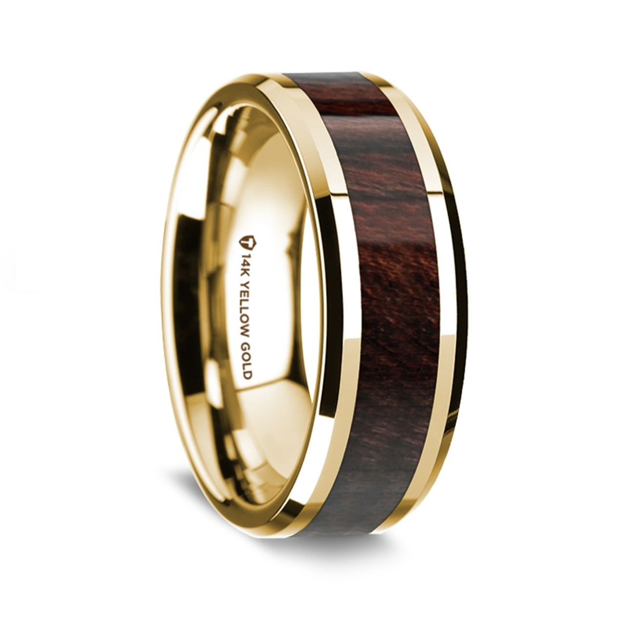 14K Yellow Gold Polished Beveled Edges Wedding Ring with Bubinga Inlay - 8 mm ~ (G65-156)
