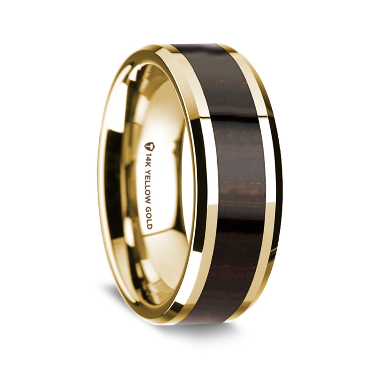 14K Yellow Gold Polished Beveled Edges Wedding Ring with Ebony Wood Inlay -  8 mm ~ (G65-160)