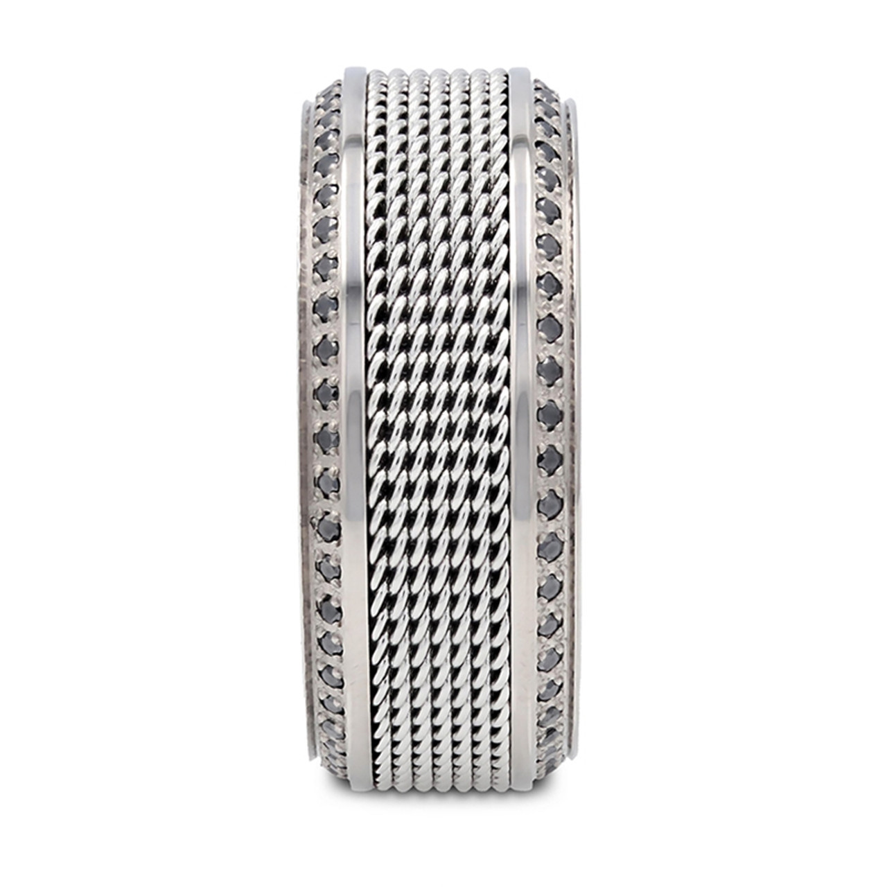 GAUNTLET Steel Chain Titanium Wedding Ring Polished Beveled Edges Set with Round Black Diamonds - 10 mm ~ (H65-112)