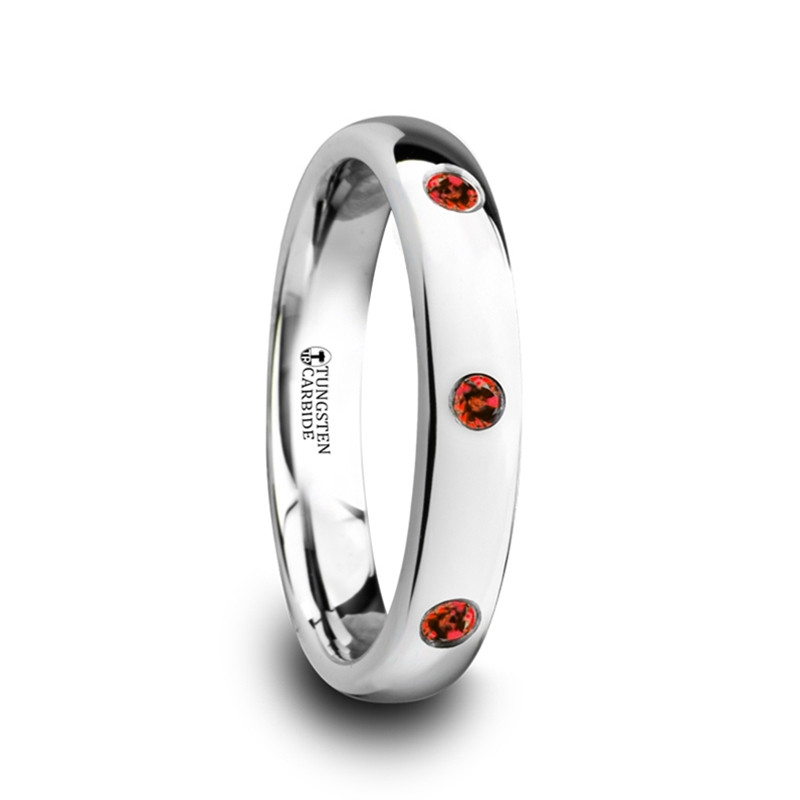 MAERA Polished and Domed Tungsten Carbide Wedding Ring with 3 Red Rubies Setting - 4mm ~ (H65-437)