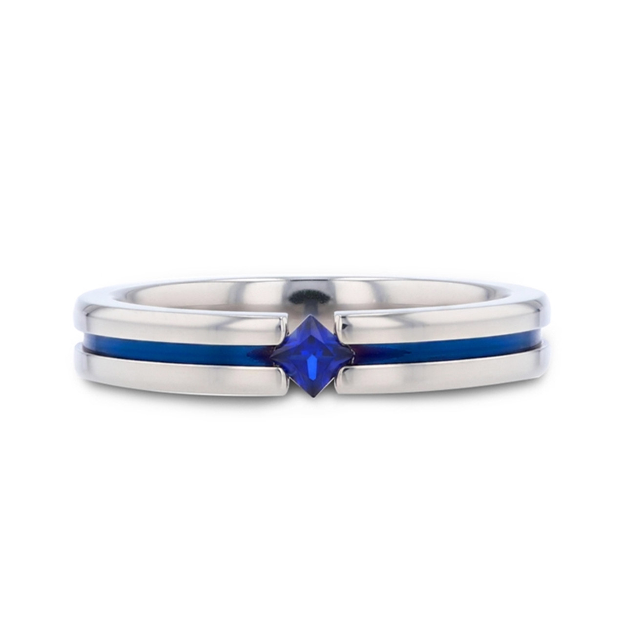 NYMERIA Tension Set Blue Sapphire Polished Titanium Band with Blue Stripe - 4mm ~ (H65-619)