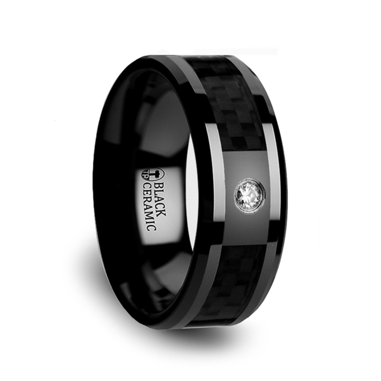 ANGUS Black Ceramic Diamond Wedding Band with Black Carbon Fiber Inlay- 8mm ~ (G65-232)