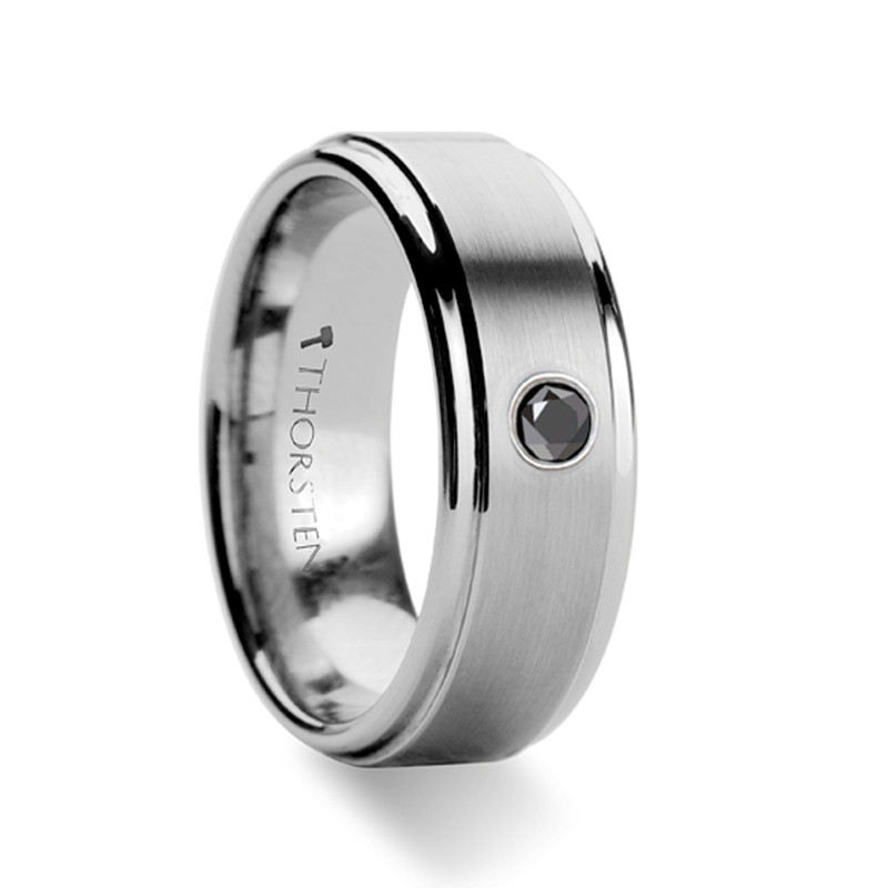 COVENTRY Raised Brushed Center Tungsten Carbide Ring with Black Diamond - 8 mm  ~ (G65-709)