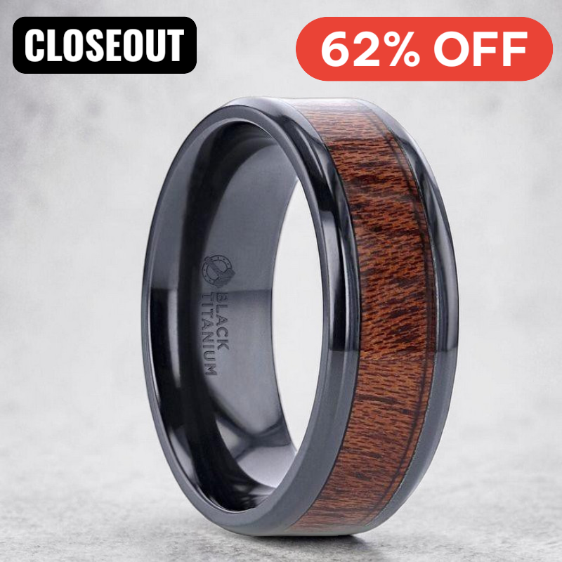 DOMINICA Black Titanium Band with Polished Bevels and Exotic Mahogany Hard Wood Inlay - 8 mm ~ (G65-835)