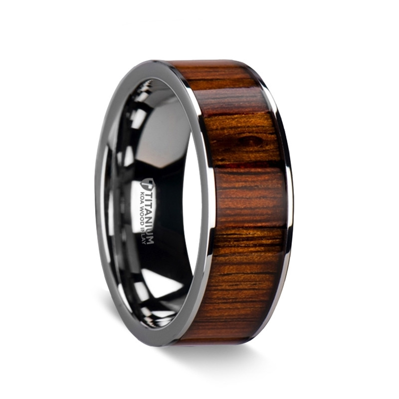 HONUA Flat Titanium Wedding Band with Rare Koa Wood Inlay and Polished Edges - 8 mm ~ (H65-187)