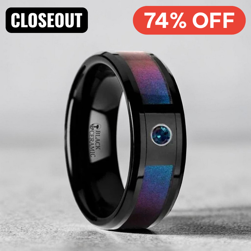 KLEIN Black Ceramic Ring with Blue & Purple Color Changing Inlay and Alexandrite Setting - 8mm ~ (H65-313)