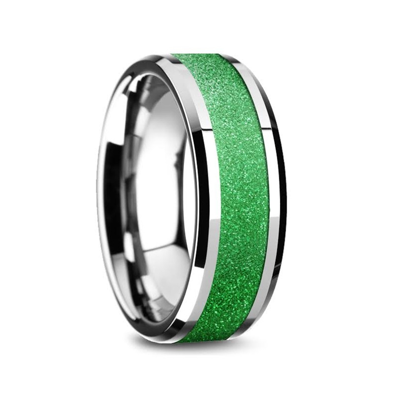 LAWRENCE Tungsten Carbide Bevel Edged Mens Ring with Sparkling Green Inlay - 8mm ~ (H65-358)