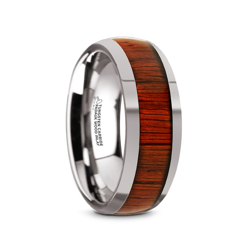 MUKWA Tungsten Carbide Polished Finish Mens Domed Wedding Band with Padauk Wood Inlay - 8mm ~ (H65-572)