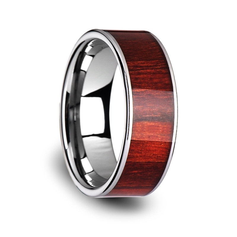 SHERWOOD Flat Tungsten Carbide Band with Exotic Brazilian Rose Wood Inlay and Polished Edges - 8mm ~ (H65-909)