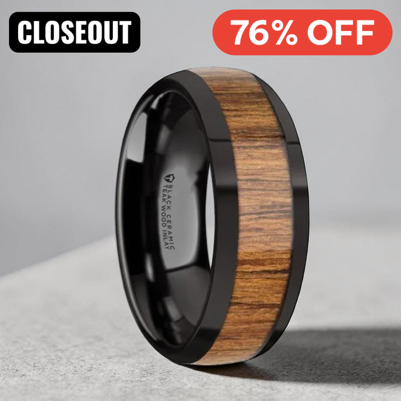 TULIAN Black Ceramic Polished Edges Mens Domed Wedding Band with Teak Wood Inlay - 8mm ~ (J65-123)