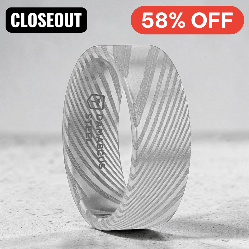 XANDER Grey Flat Brushed Damascus Steel Mens Wedding Band withVivid Etched Design- 6mm & 8mm