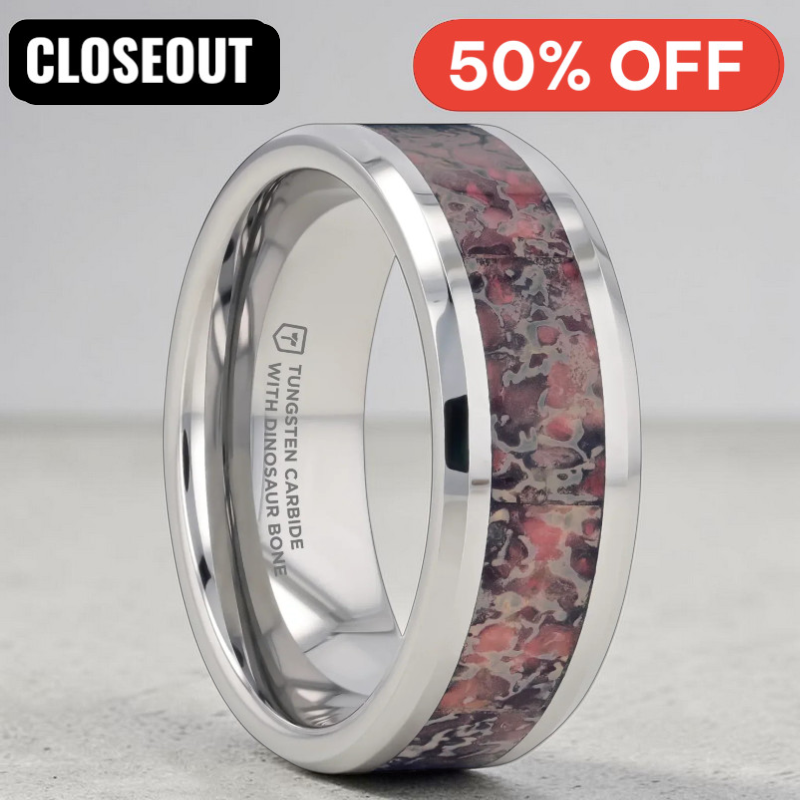 ARCHEAN Pink Dinosaur Bone Inlaid Tungsten Carbide Beveled Edged Ring - 4mm & 8mm