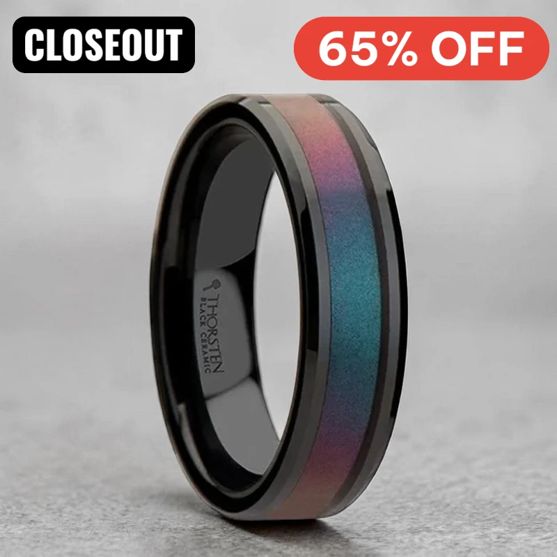 BARRACUDA Beveled Black Ceramic Ring with Blue/Purple Color Changing Inlay - 6mm - 10mm