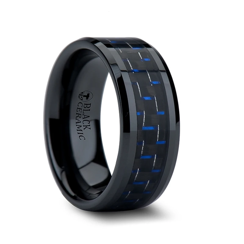 BARRACUDA Beveled Black Ceramic Ring with Blue/Purple Color Changing Inlay - 6mm - 10mm