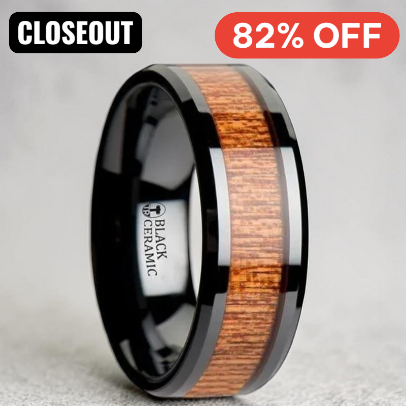 BENIN Black Ceramic Wedding Band with Polished Bevels and African Sapele Wood Inlay - 6 mm - 10 mm