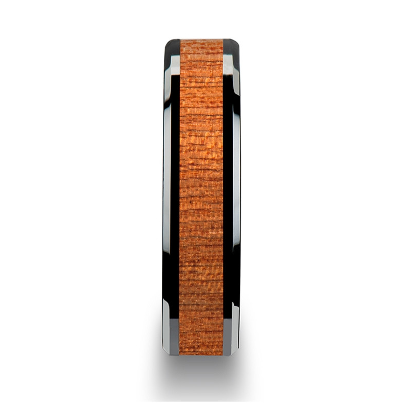 BENIN Black Ceramic Wedding Band with Polished Bevels and African Sapele Wood Inlay - 6 mm - 10 mm