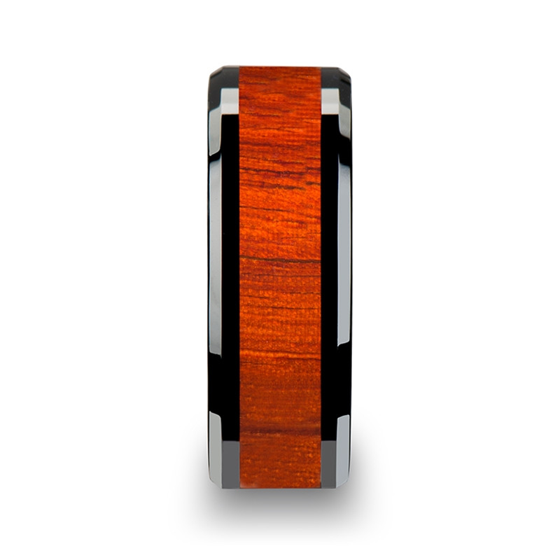 BOSULU Black Ceramic Wood Ring with Polished Bevels and Padauk Real Wood Inlay - 6 mm - 10 mm