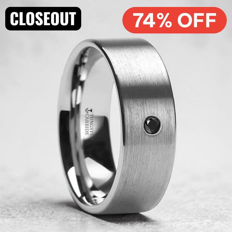 IRENAEUS Flat Brushed Tungsten Men's Wedding Ring with Black Diamond - 6mm & 8mm