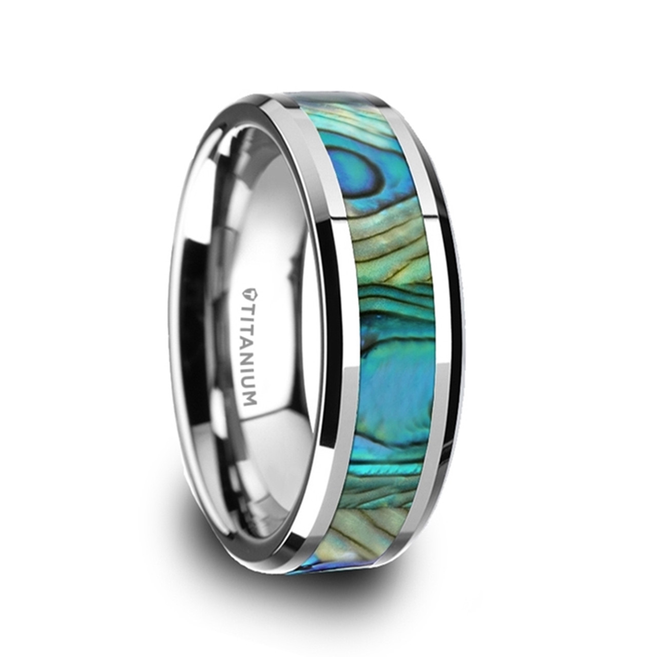 KAUI Titanium Polished Finish Mother Of Pearl Inlaid Men's Beveled