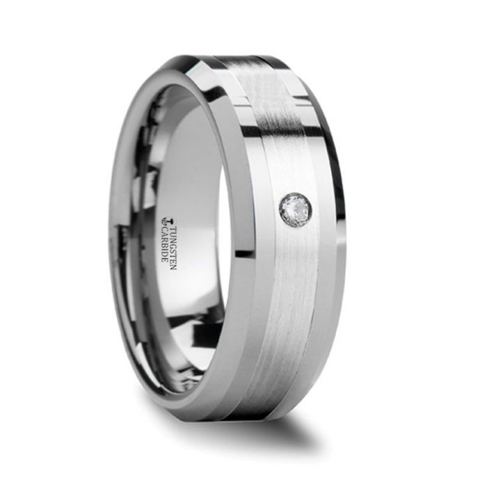 LEOPOLD Beveled Tungsten Ring with Silver Inlaid and Diamond - 6mm - 8mm