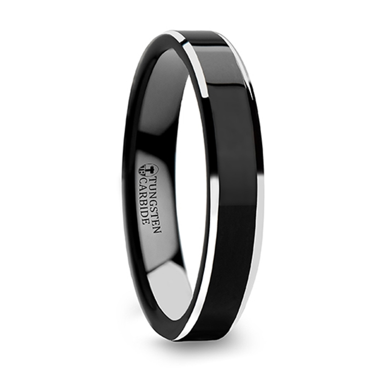 MACLAREN Black Polish Finished Center Tungsten Carbide Ring with Metallic Beveled Edges - 4mm - 8mm