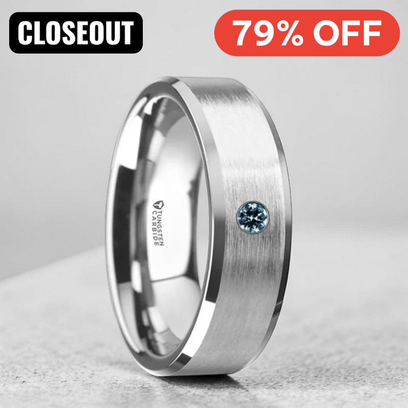 MOORE Flat Brushed Center Polished Beveled Edges Men's Tungsten Wedding Band with Blue Diamond Setting - 6mm & 8mm