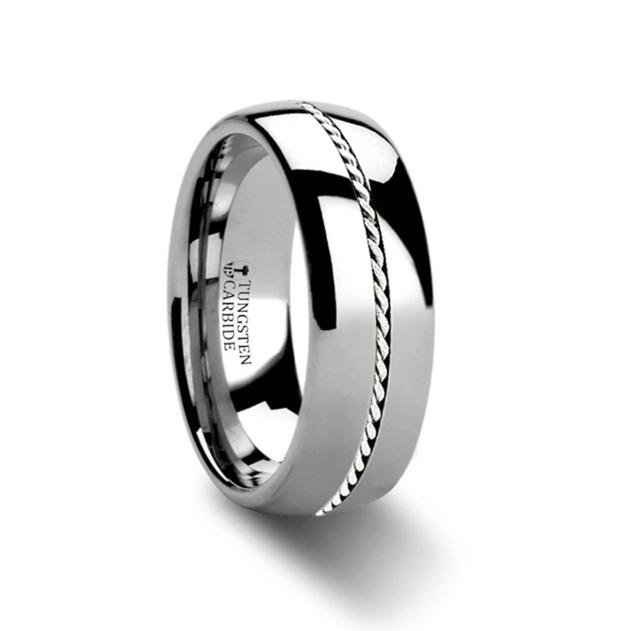 Thorsten Photon Tungsten Ring Wedding Band with Beveled Edges and Green Blue Opal Inlay from Roy Rose Jewelry