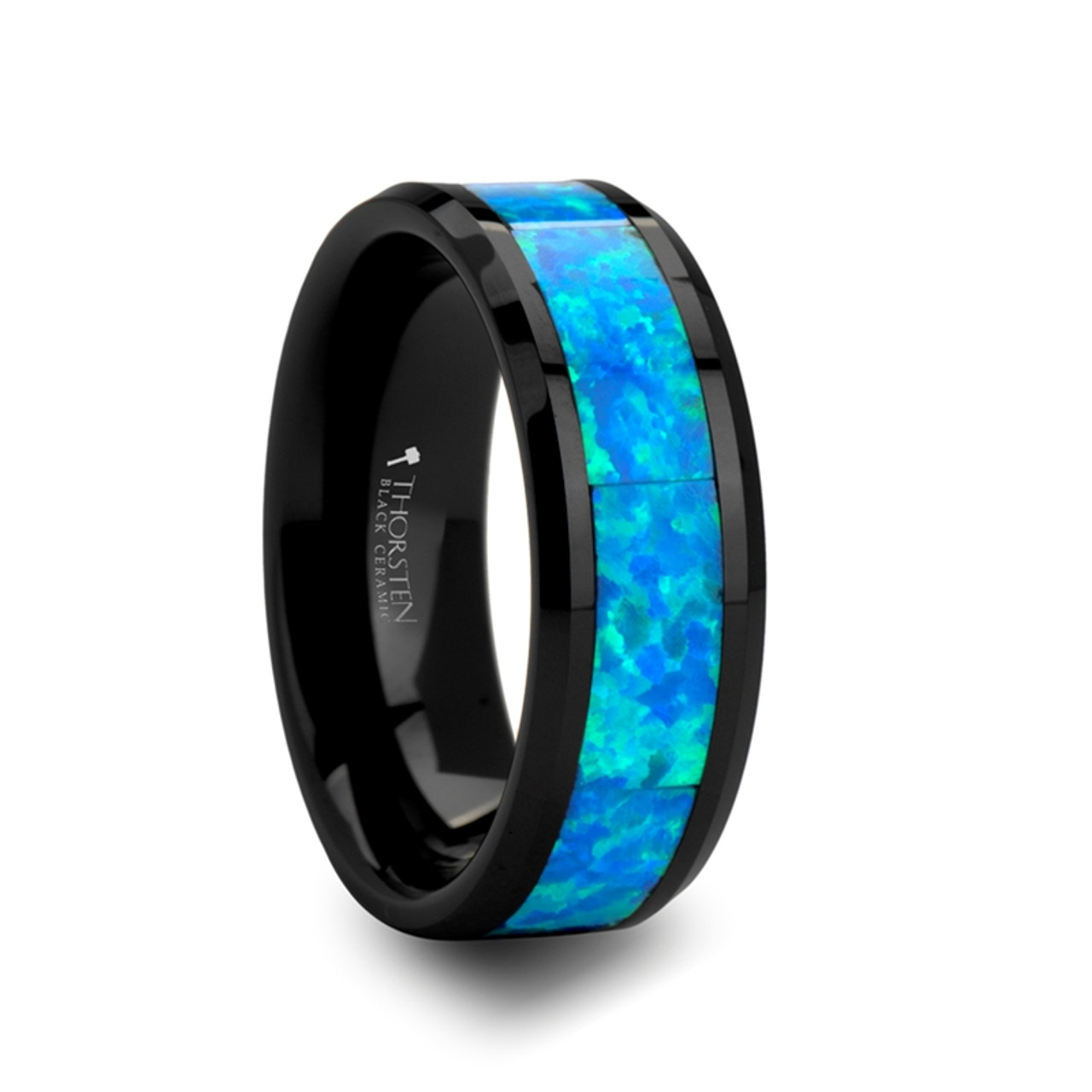 QUANTUM Blue & Green Opal Inlaid Black Ceramic Ring - 4mm - 10mm