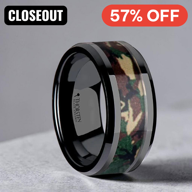 RANGER Beveled Black Ceramic Wedding Ring with Real Military Style Jungle Camo - 6mm - 10mm