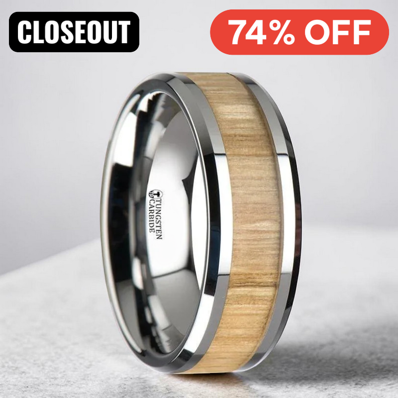 SAMARA Tungsten Ring with Polished Bevels and Ash Wood Inlay - 6mm - 10mm