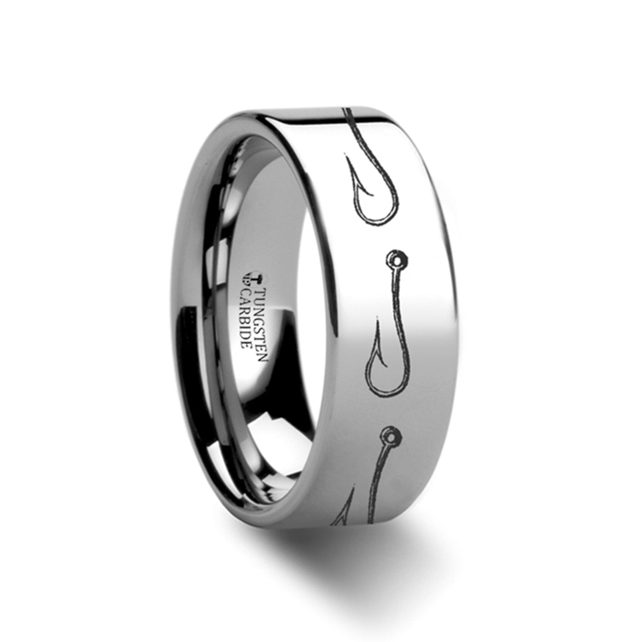 Simple Artistic Fishing Hook Pattern Ring Engraved Flat Black Tungsten Ring  - 4mm - 12mm - Roy Rose Jewelry